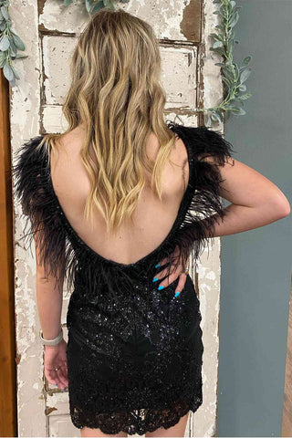 Sheath V-Neck Feathered Sequins Homecoming Dress