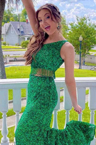 Two Piece Sequined One Shoulder Long Party Dress with Tassel