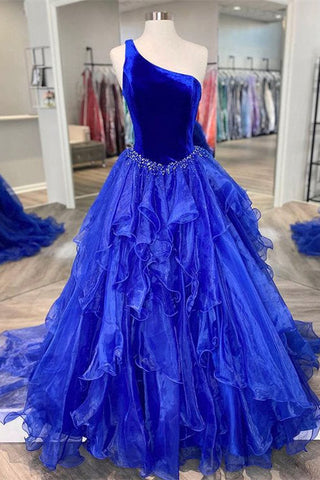 Robe longue de soirée asymétrique en velours bleu royal à volants et à une épaule