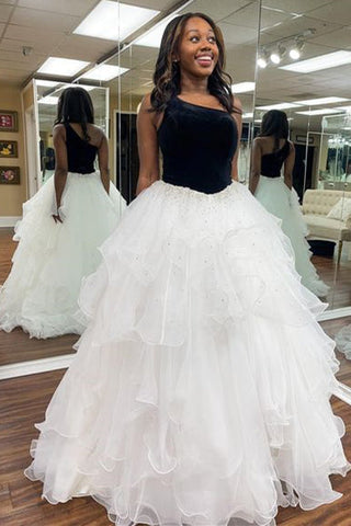 Robe longue de soirée asymétrique en velours bleu royal à volants et à une épaule