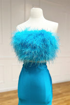 Robe de bal longue bustier en satin Jade deux pièces à plumes avec fente