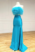 Robe de bal longue bustier en satin Jade deux pièces à plumes avec fente