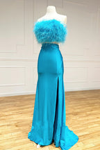 Robe de bal longue bustier en satin Jade deux pièces à plumes avec fente