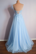 Vestido largo de fiesta de tul con apliques, escote en V, cordones y color azul claro