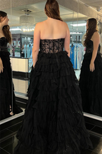 Vestido largo de fiesta de tul sin tirantes, corte en A, con abertura