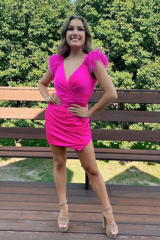 Sheath Pleated Jersey Homecoming Dress with Feathers