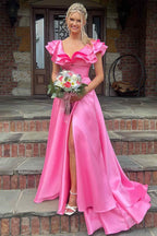 Robe de bal longue rose fuchsia à col en V et volants, coupe trapèze