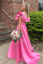 Robe de bal longue rose fuchsia à col en V et volants, coupe trapèze
