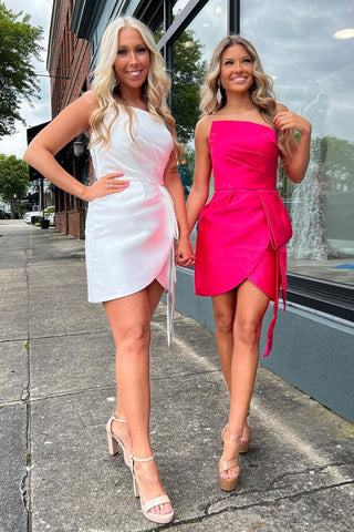 Sheath Strapless Faux-Wrap Satin Homecoming Dress