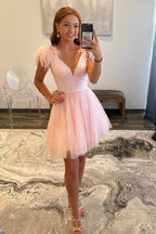 Vestido de fiesta de bienvenida de tul con escote en V profundo y plumas, corte en A