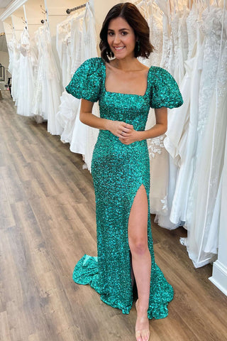 Vestido de sirena de lentejuelas verde esmeralda con escote cuadrado para baile de graduación