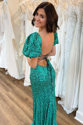Vestido de sirena de lentejuelas verde esmeralda con escote cuadrado para baile de graduación