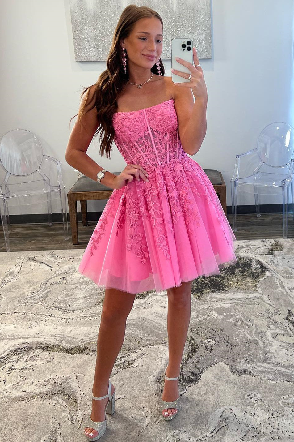 Vestido de fiesta de tul y encaje de corte A con apliques