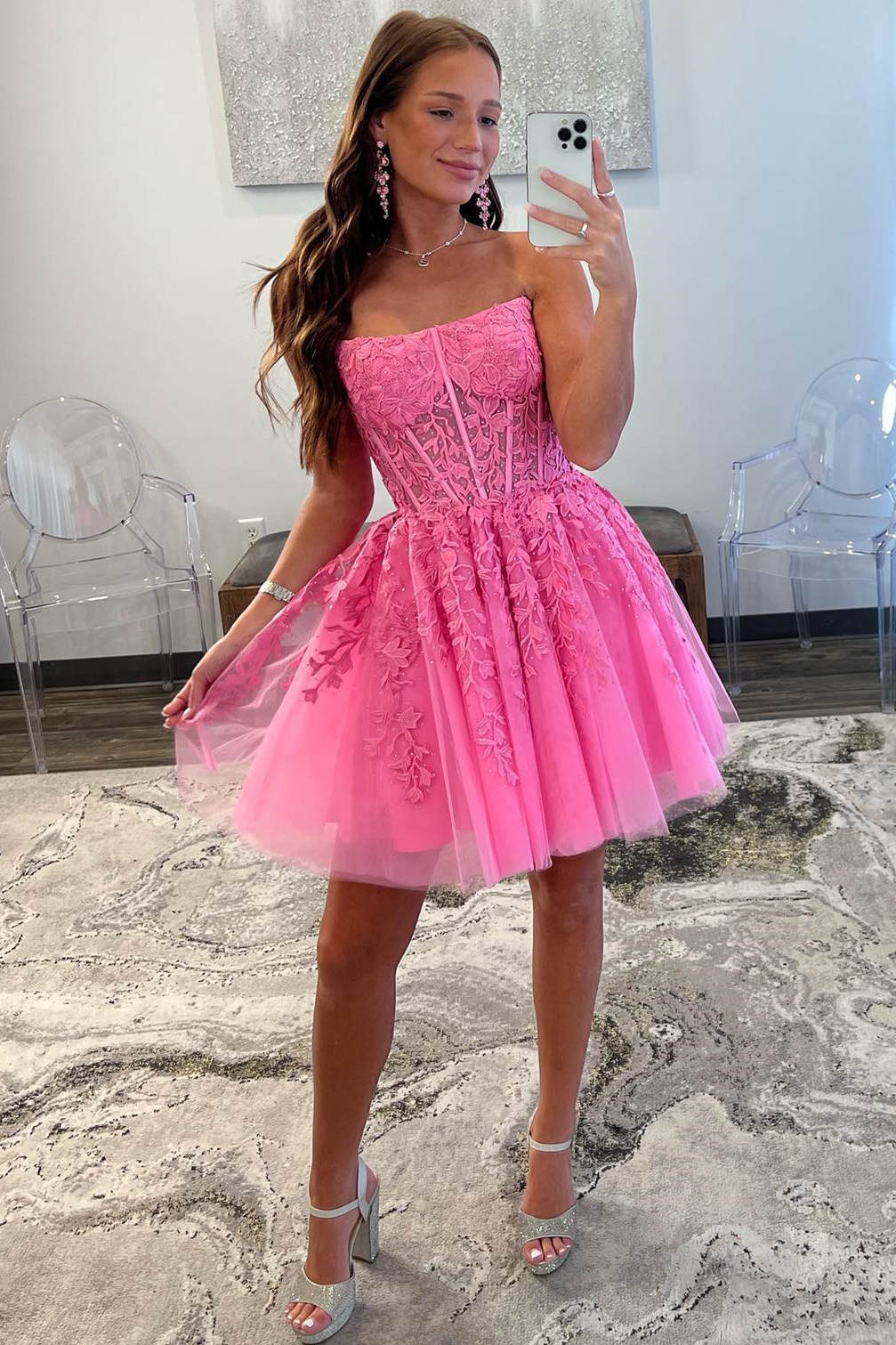 Vestido de fiesta de tul y encaje de corte A con apliques