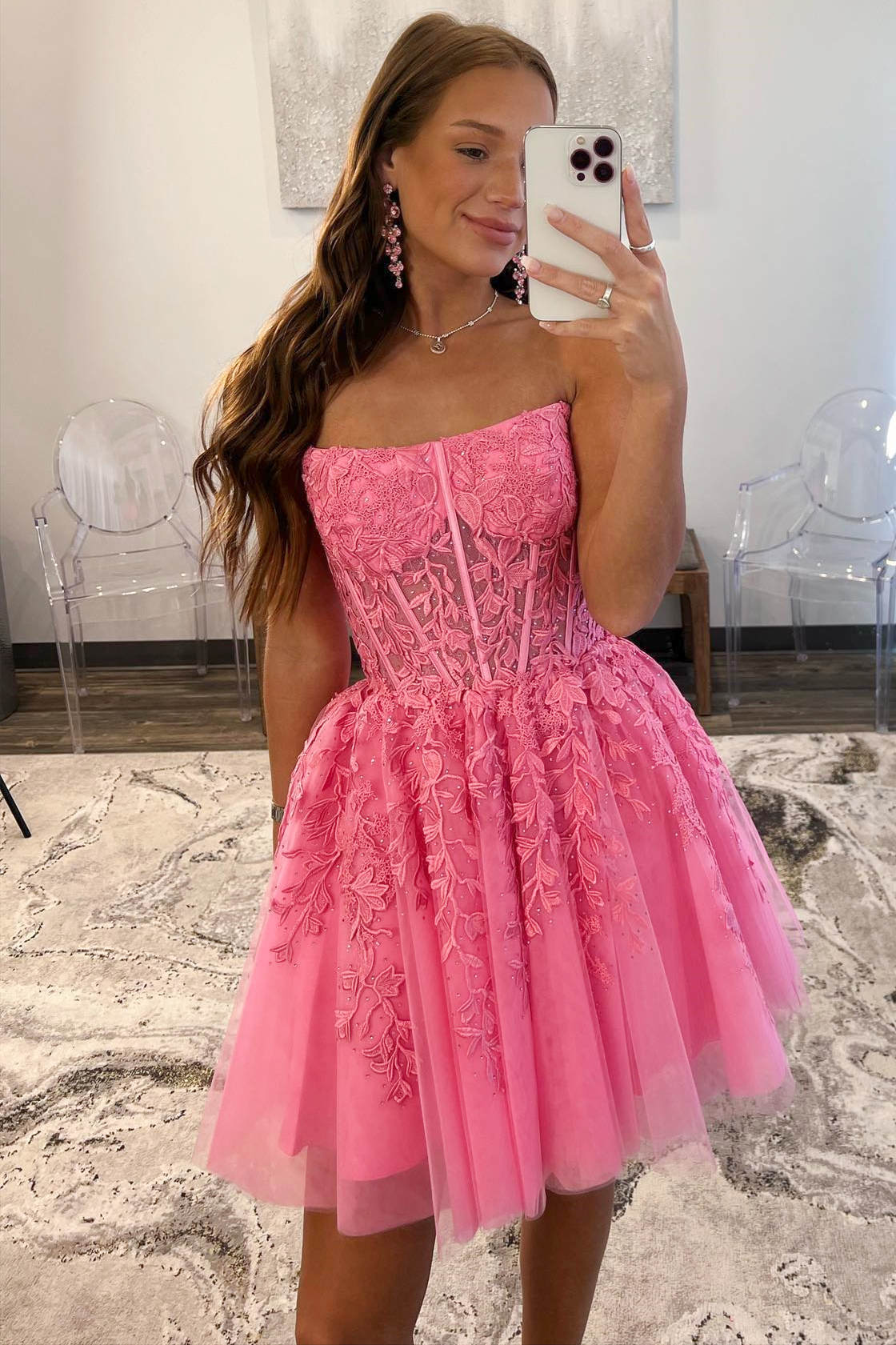 Vestido de fiesta de tul y encaje de corte A con apliques