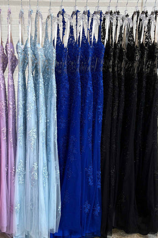 Robe de bal fourreau dos nu en dentelle et tulle avec appliques