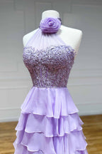 Vestido de fiesta de gasa con cuello alto, corte en A y volantes, adornado con flores en 3D.