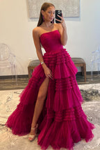 Vestido largo de fiesta de tul sin tirantes, corte en A, con volantes escalonados