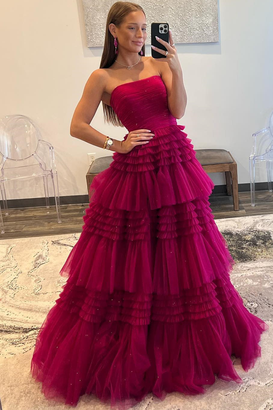 Vestido largo de fiesta de tul sin tirantes, corte en A, con volantes escalonados