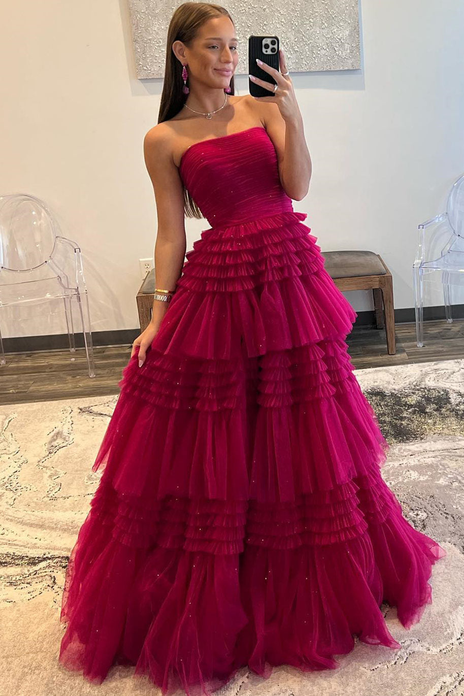 Vestido largo de fiesta de tul sin tirantes, corte en A, con volantes escalonados