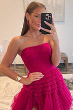 Vestido largo de fiesta de tul sin tirantes, corte en A, con volantes escalonados
