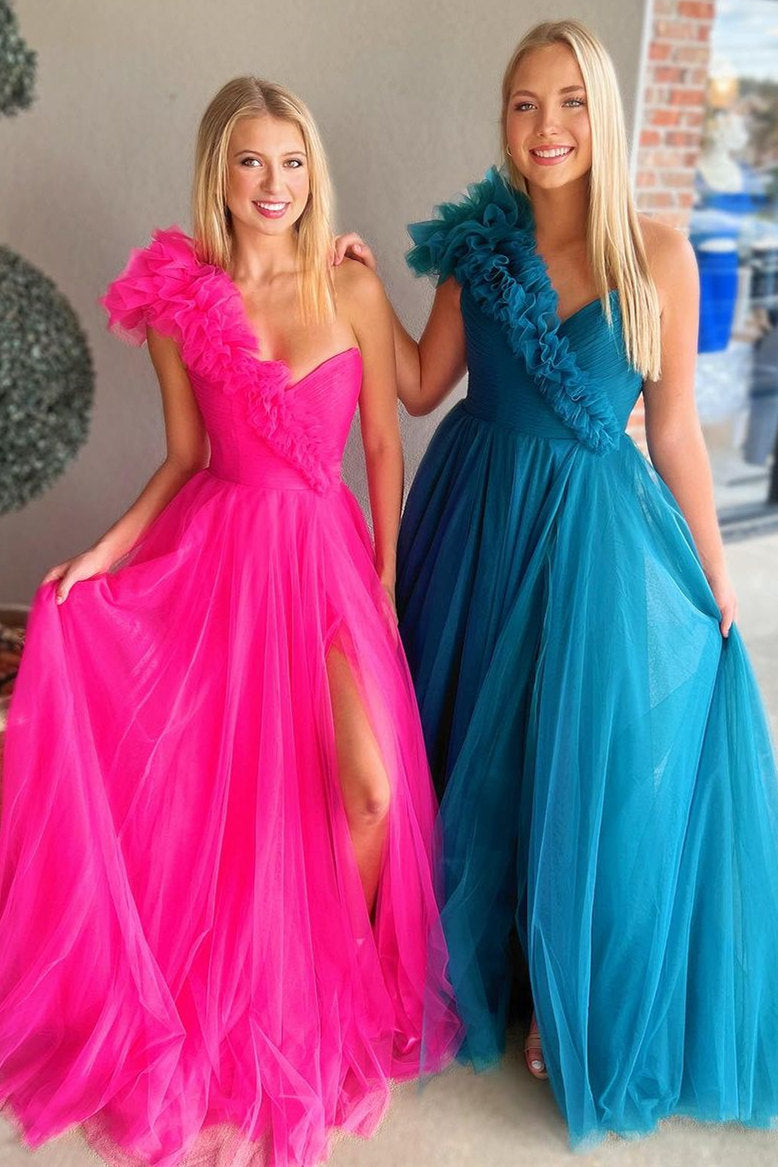 Vestido de fiesta largo de tul con un solo hombro y corte en A con volantes