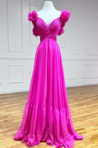 Robe de bal longue fuchsia à lacets, col en V, volants et plis