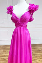 Robe de bal longue fuchsia à lacets, col en V, volants et plis