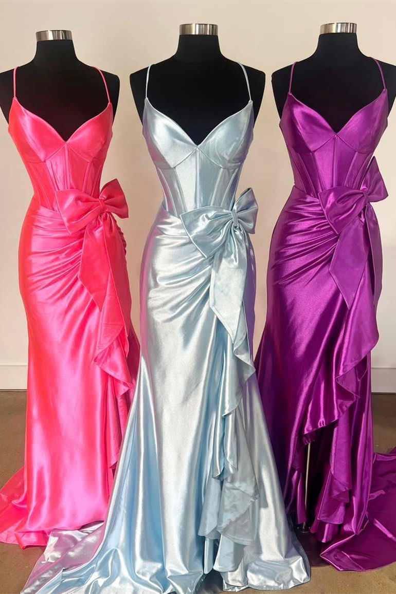 Vestido de fiesta de sirena de satén con tirantes, escote en V y lazo