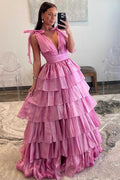 Vestido largo de fiesta rosa con escote pronunciado y volantes, con tirantes y lazos, de RGlitter.