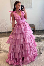Vestido largo de fiesta rosa con escote pronunciado y volantes, con tirantes y lazos, de RGlitter.