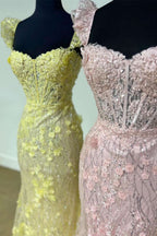 Ruffle Straps 3D Flower Mermaid Long Prom Dress