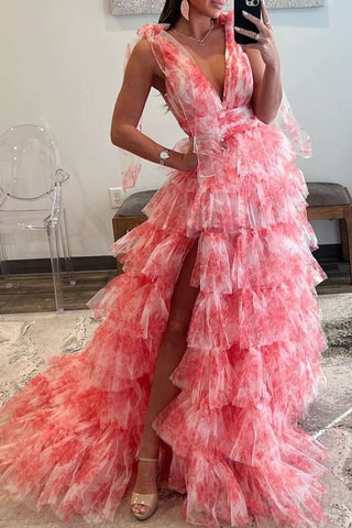 Kylee | Vestido largo de fiesta rojo con estampado floral, escote en V y tirantes con lazo