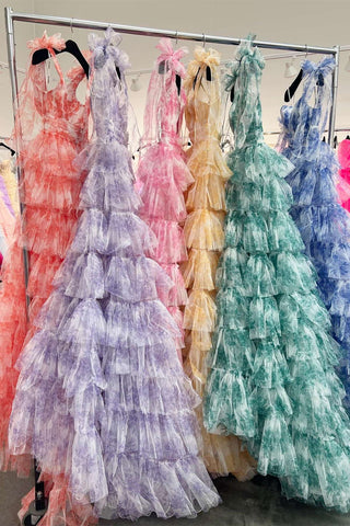 Kylee | Vestido largo de fiesta rojo con estampado floral, escote en V y tirantes con lazo