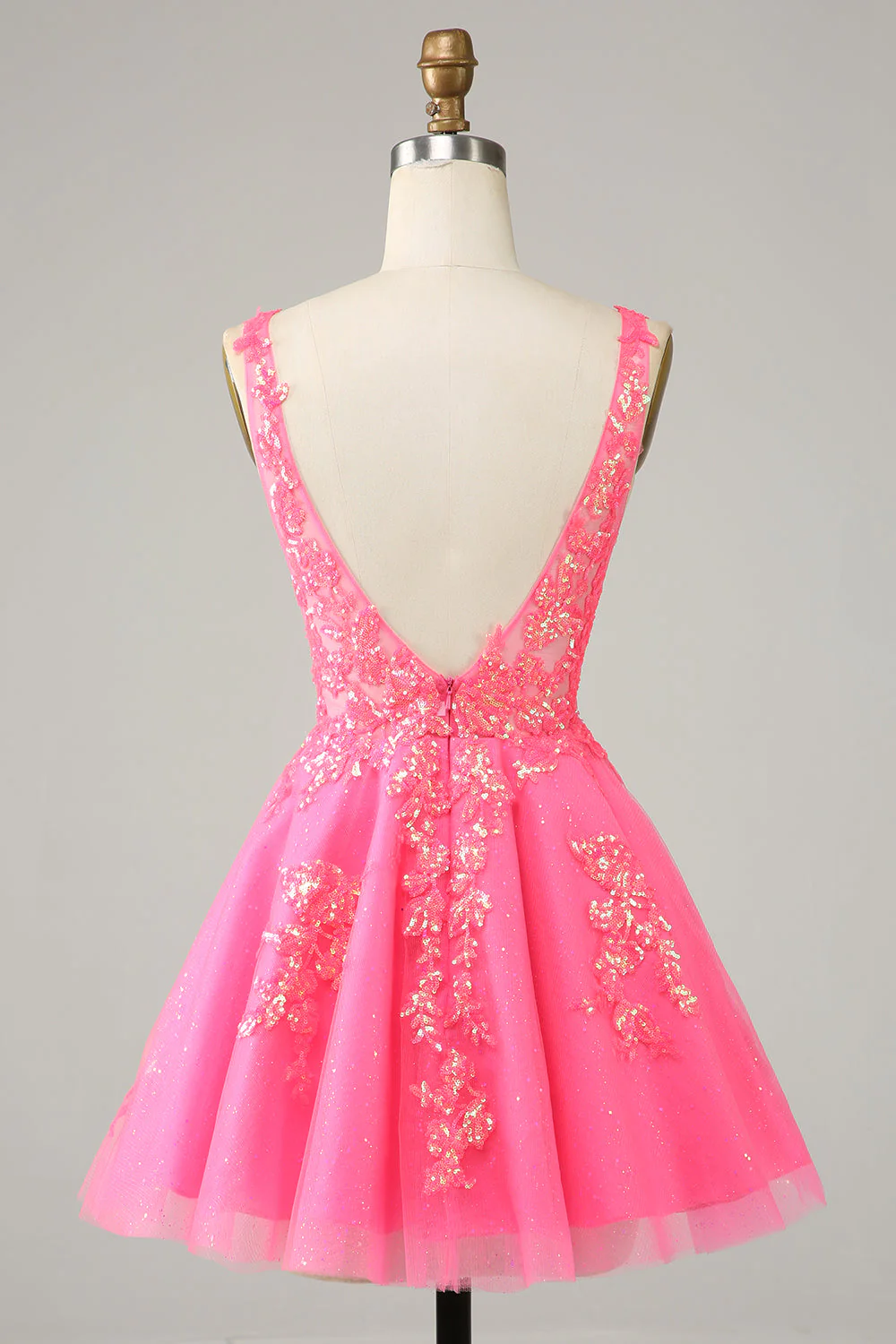 Vestido corto de fiesta de bienvenida con lentejuelas fucsia, escote en V y espalda descubierta Y4093