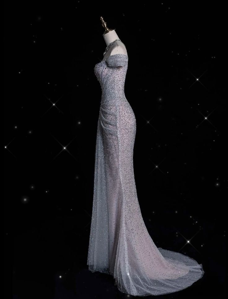 Vestido largo de noche de sirena con hombros descubiertos, tul lila brillante y cuentas, modelo Y8054