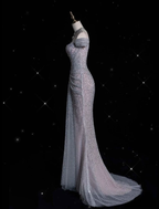 Vestido largo de noche de sirena con hombros descubiertos, tul lila brillante y cuentas, modelo Y8054