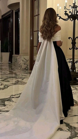Robe de bal de luxe en satin noir et blanc avec traîne amovible, confectionnée sur mesure, robe de soirée cocktail Y5025