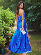 Robe de bal longue sirène en satin sans bretelles avec fente