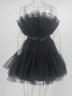 Robe mini princesse en tulle pour femme, à volants et résille, idéale pour les fêtes, les bals de promo, les mariages et les soirées féériques. Robe tutu noire de style féerique pour un bal de fin d'année (Y512).