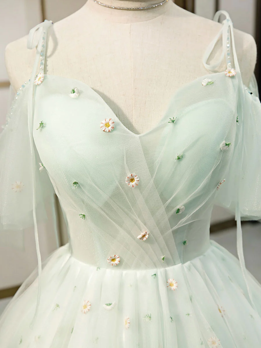 Vestidos cortos de tul con escote corazón sencillo, vestidos verdes abullonados para fiestas de bienvenida Y2409