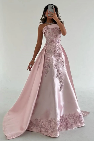 Robe de soirée rose somptueuse sans bretelles en satin ornée d'appliqués, robe de bal de gala Y8427
