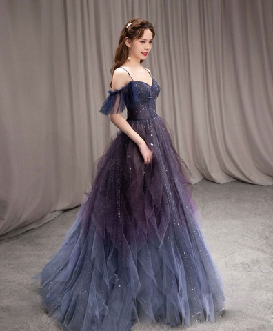 Vestido largo de fiesta de tul morado con cielo estrellado oscuro, vestido de noche morado Y5847