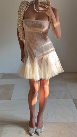 Robe de bal courte dos nu en dentelle et tulle, mignonne, Y8502