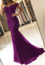 Vestidos de fiesta de sirena con escote en V y encaje, hombros descubiertos, color morado, para ocasiones formales Y198