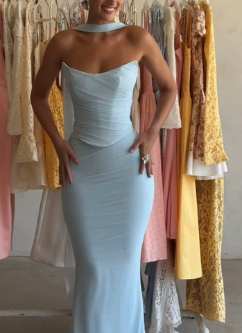 Sexy Strapless Blue Chiffon Prom Dress Mermaid Party Evening Gown Y8175