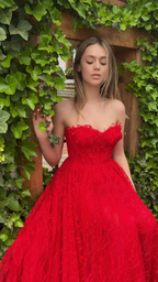 Robe de bal élégante en dentelle rouge, décolleté cœur, fente latérale, taille haute, coupe trapèze, robe de soirée formelle pour mariage ou fête Y4909
