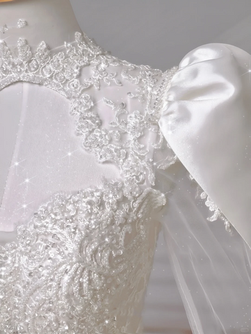 Gorgeous White Satin Lace Appliques A Line Wedding Dress,Formal Prom Dress Y8607