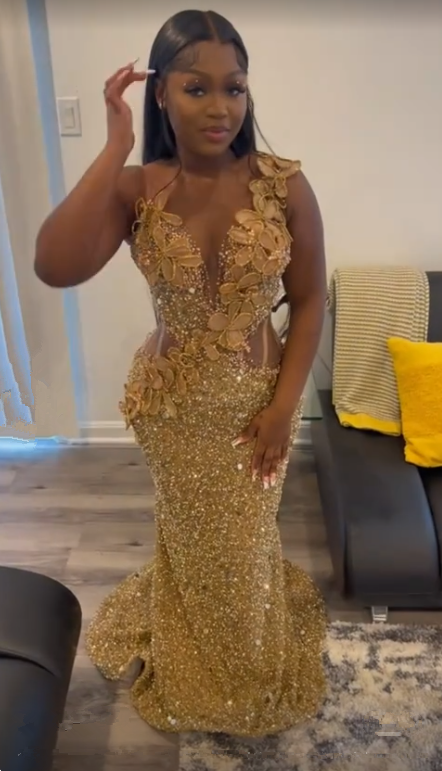 Vestido de noche de sirena con apliques de lentejuelas doradas de lujo Y7880