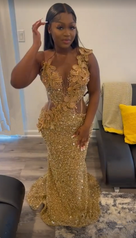 Vestido de noche de sirena con apliques de lentejuelas doradas de lujo Y7880